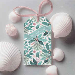 Teal Christmas Holly Berries Pattern#17 ID1009 Gift Tags