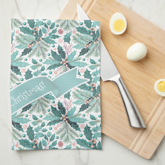 Teal Christmas Holly Berries Pattern#17 ID1009 Kitchen Towel (Quarter Fold)