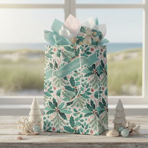 Teal Christmas Holly Berries Pattern#17 ID1009 Medium Gift Bag