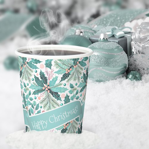 Teal Christmas Holly Berries Pattern17 ID1009 Paper Cups