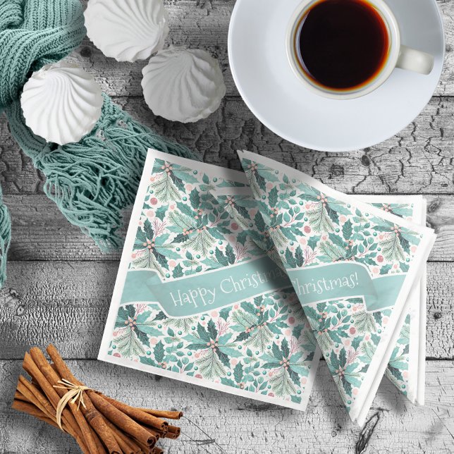 Teal Christmas Holly Berries Pattern#17 ID1009 Paper Dinner Napkins (Creator Uploaded)