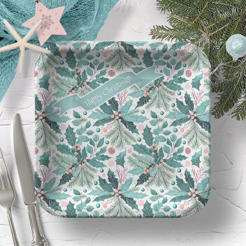 Teal Christmas Holly Berries Pattern17 ID1009 Paper Plates