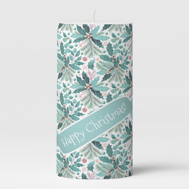 Teal Christmas Holly Berries Pattern#17 ID1009 Pillar Candle (Front)