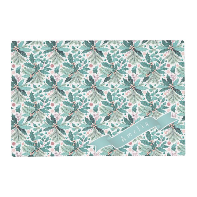 Teal Christmas Holly Berries Pattern#17 ID1009 Placemat (Front)