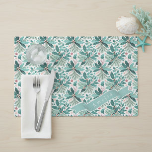 Teal Christmas Holly Berries Pattern#17 ID1009 Placemat