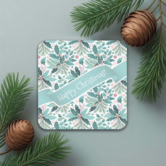 Teal Christmas Holly Berries Pattern#17 ID1009 Square Paper Coaster (Creator Uploaded)