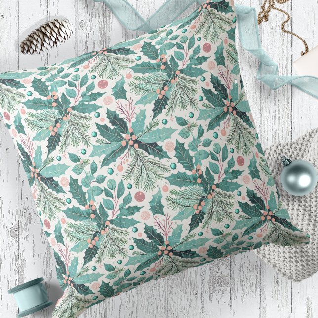 Teal Christmas Holly Berries Pattern#17 ID1009 Throw Pillow (Creator Uploaded)