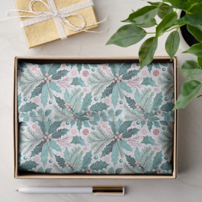 Teal Christmas Holly Berries Pattern#17 ID1009 Tissue Paper (Gift)