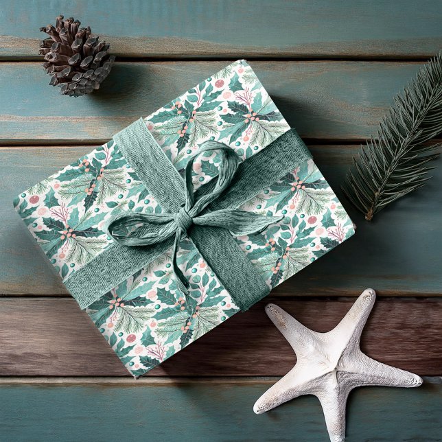 Teal Christmas Holly Berries Pattern#17 ID1009 Wrapping Paper (Creator Uploaded)