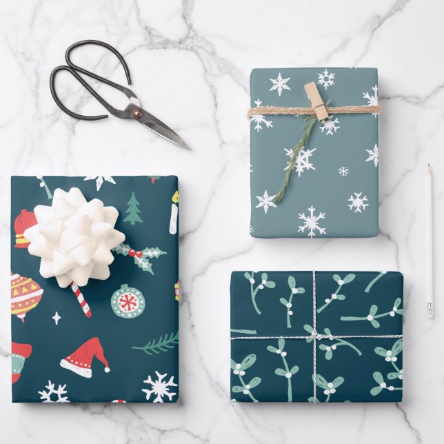 Teal Christmas Images Snowflakes Twigs Pattern Wrapping Paper Sheets (Front)