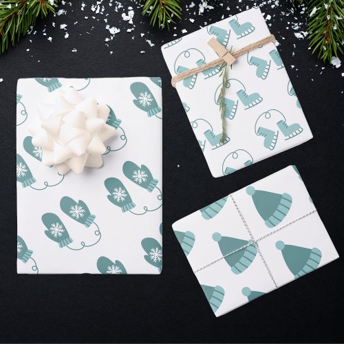  Teal Christmas Mittens Ice Skates and Hats Wrapping Paper Sheets