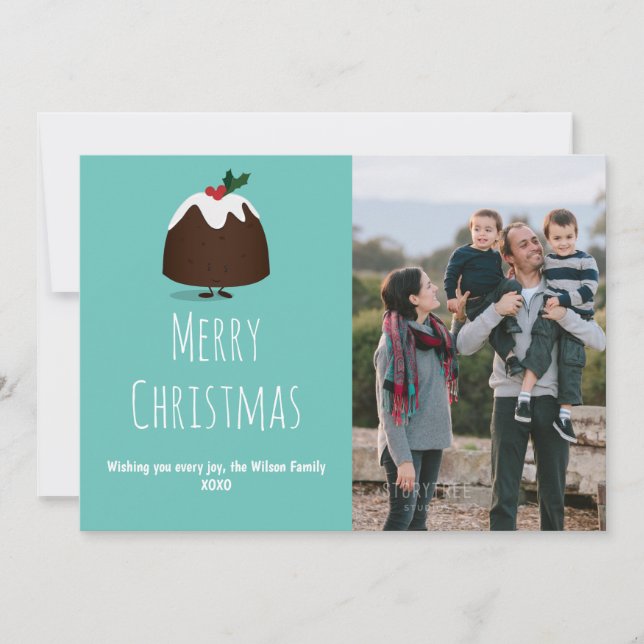 Teal Christmas Pudding Photo Christmas Holiday Card (Front)