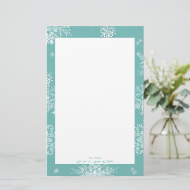 Teal Christmas Snowflakes Personalized Stationery (Standing Front)