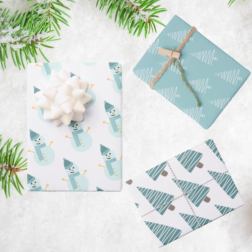  Teal Christmas Snowman and Trees Wrapping Paper Sheets