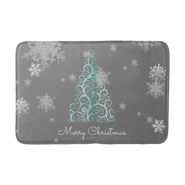 Teal Christmas Tree and Snowflakes Bath Mat (Front)