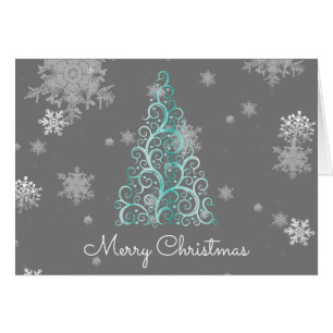 Teal Christmas Tree and Snowflakes Cards