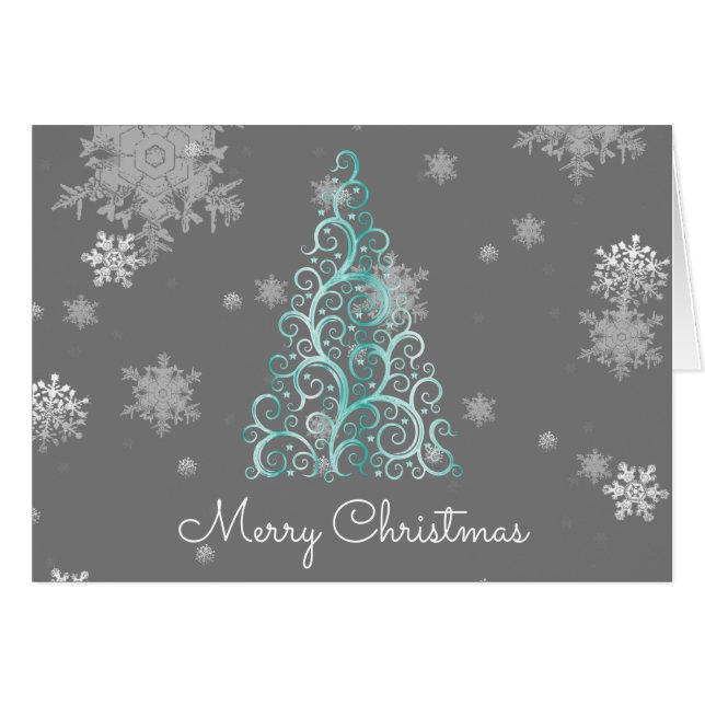 Teal Christmas Tree and Snowflakes Cards (Front Horizontal)