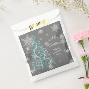 Teal Christmas Tree and Snowflakes Favor Bag