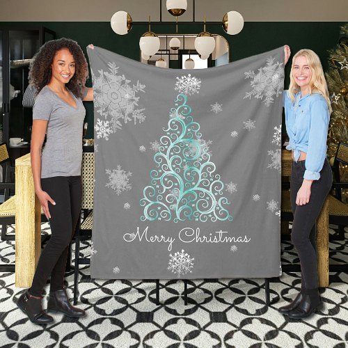 Teal Christmas Tree and Snowflakes Fleece Blanket