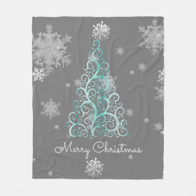 Teal Christmas Tree and Snowflakes Fleece Blanket (Front)