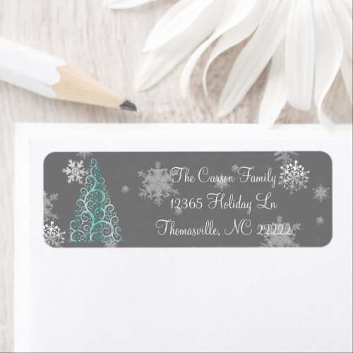 Teal Christmas Tree and Snowflakes Label