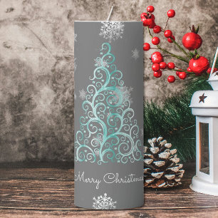 Teal Christmas Tree and Snowflakes Large Pillar Candle