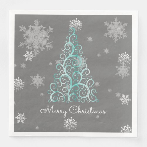 Teal Christmas Tree and Snowflakes Paper Napkin