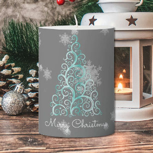 Teal Christmas Tree and Snowflakes Pillar Candle