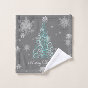 Teal Christmas Tree and Snowflakes Towel Set