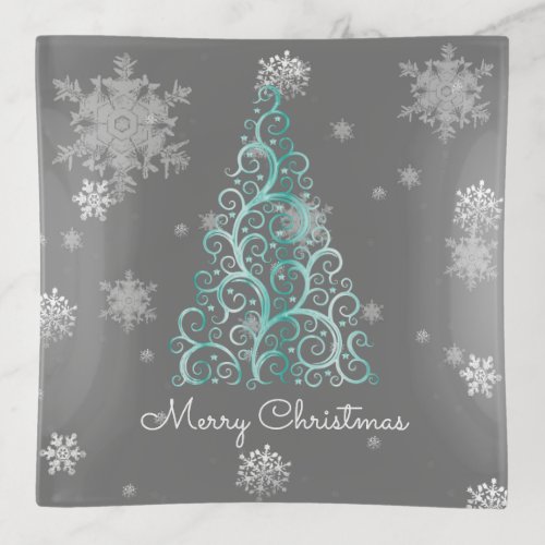 Teal Christmas Tree and Snowflakes Trinket Tray