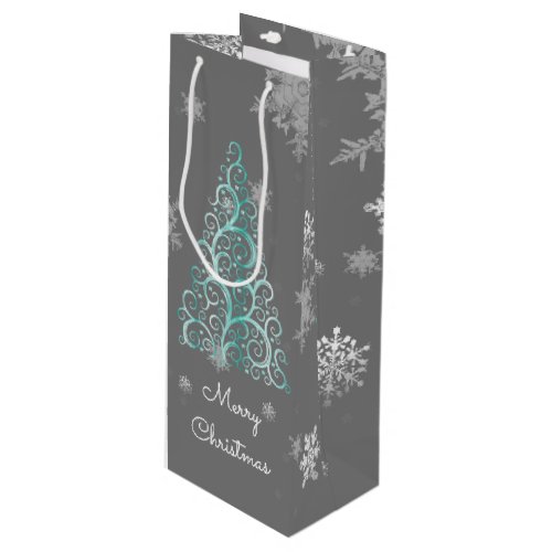 Teal Christmas Tree and Snowflakes Wine Gift Bag