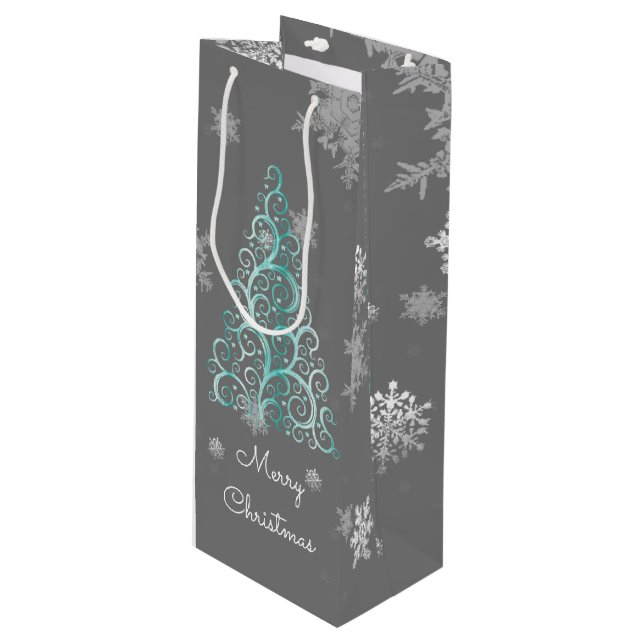 Teal Christmas Tree and Snowflakes Wine Gift Bag (Front Angled)