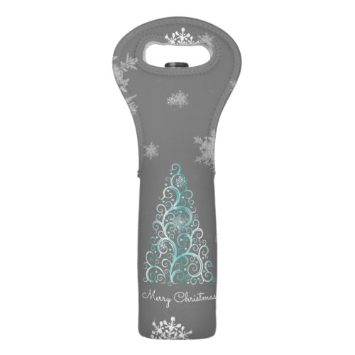 Teal Christmas Tree and Snowflakes Wine Tote