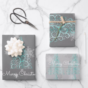 Teal Christmas Tree and Snowflakes Wrapping Paper Sheets