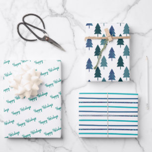 Teal Christmas Tree Glitter Stripes Wrapping Paper Sheets
