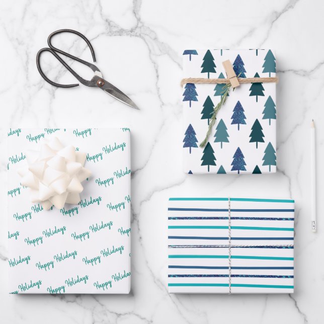 Teal Christmas Tree Glitter Stripes Wrapping Paper Sheets (Front)
