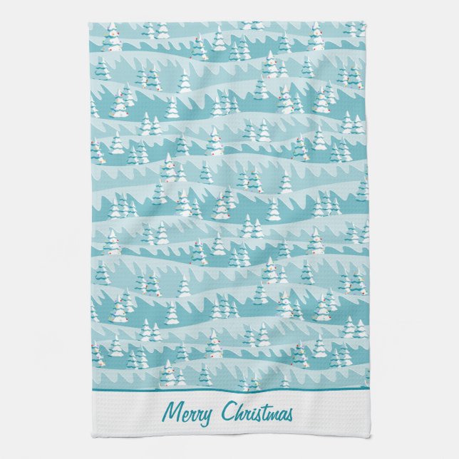 Teal Christmas Trees Kitchen Towel (Vertical)