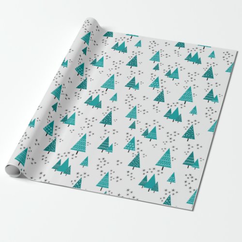 Teal Christmas Trees Snowflakes Wrapping Paper