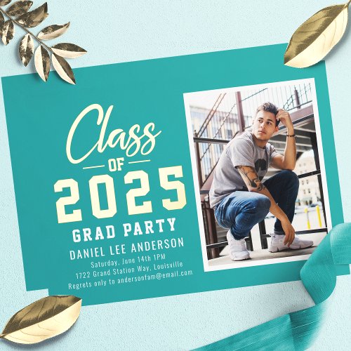 Teal Class Of 2025 Photo Graduation Party Foil Invitation