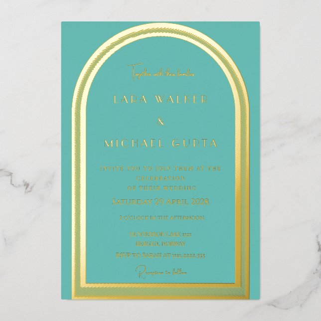 Teal Classic Arch Foil Wedding Invitation Foil Invitation (Front)