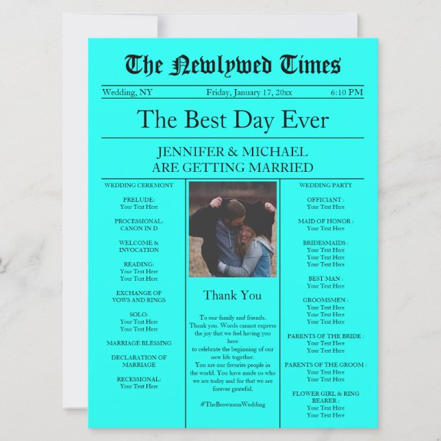 Teal Classic Traditional Newspaper Wedding Invitation (Front)