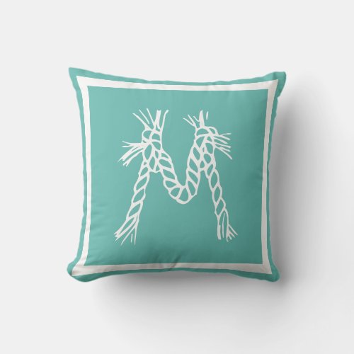 Teal coastal beach rope monogram throw pillow