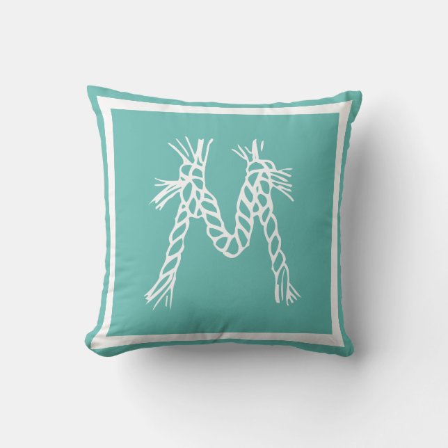 Teal coastal beach rope monogram throw pillow (Front)