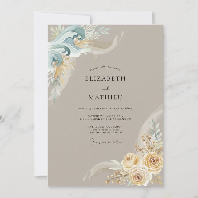 Teal Coastal Botanical Romance Wedding Invitation (Front)