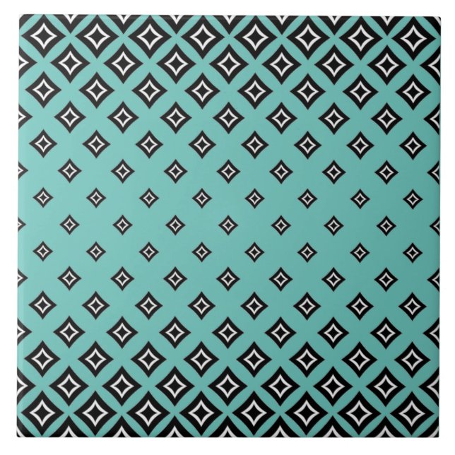 Teal Color Background and Geometric Square Pattern Ceramic Tile (Front)