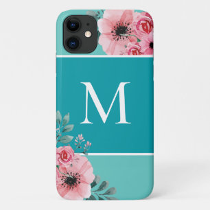 Teal Color Block Monogram Floral Case-Mat iPhone 11 Case