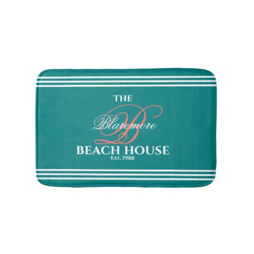 Teal Color Coral Initial White Stripes Beach Home Bath Mat