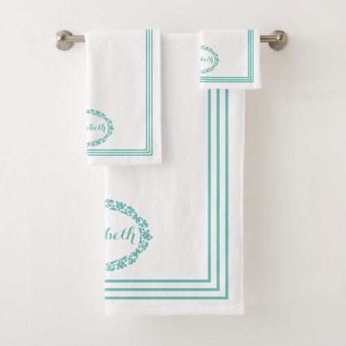 Teal Color Name in Floral Ovals with Rectangles Bath Towel Set