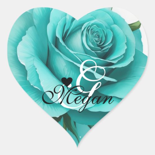 Teal Color Rose Background Monogram Name Heart Sticker