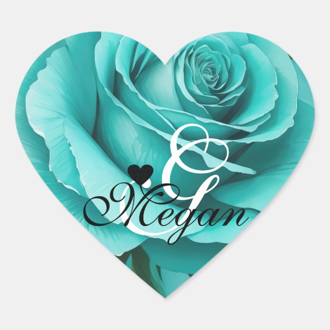 Teal Color Rose Background Monogram Name Heart Sticker (Front)